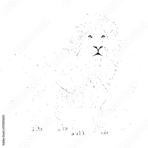 A majestic lion with a full mane rendered in a black and white sketch style standing and looking forward