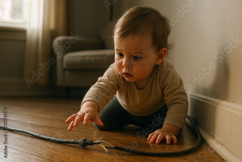 Photorealistic home interior with curious toddler reaching toward frayed power cord on floor showing damaged insulation and exposed wires, cinematic soft daylight household electrical safety danger