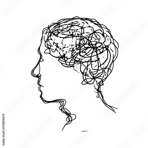 Scribbled head profile with chaotic brain illustration in black and white simple line drawing style