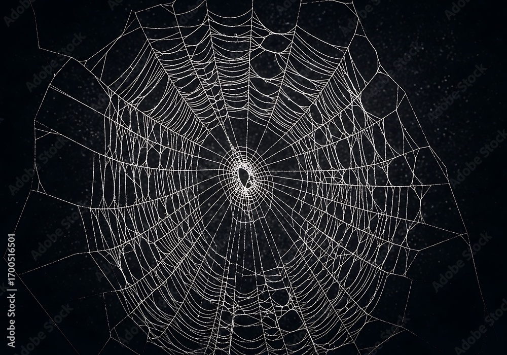 Fototapeta premium Intricate spiderweb illuminated against a dark background