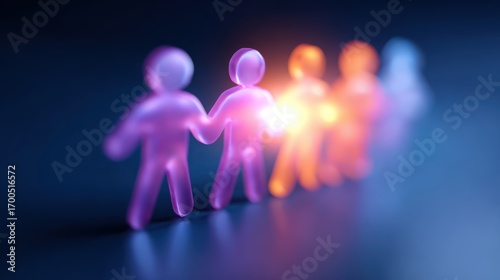 Teamwork and business success concept, flat minimal icons, digital glowing abstract background