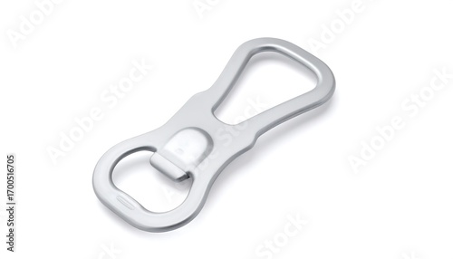A metallic bottle opener, showcasing a simple, streamlined design against a plain background.
