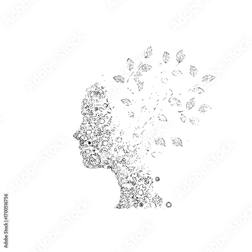 Silhouette of a head filled with gears fading into leaves on a white background in black and white style