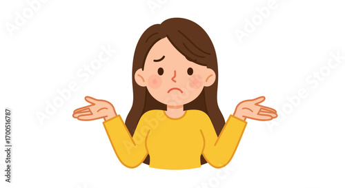 Cartoon woman shrugging with a doubtful facial expression conveys uncertainty