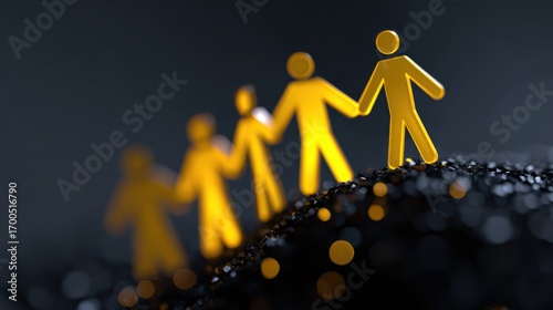 Business teamwork and success concept, flat minimal icons, digital glowing abstract background