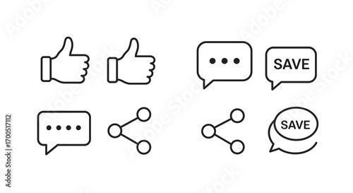 Social media interaction icons set representing like comment share and save functions