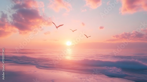 Pastel colored evening sky above ocean waves with flying birds high resolution picture