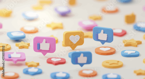 Colorful 3D Rendering of Social Media Icons and Emoticons on a Light Background