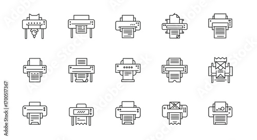 Collection of various printer icons in linear style for office use and design