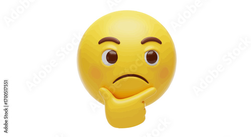 Pensive emoji face with hand on chin isolated on white background with expressive gaze