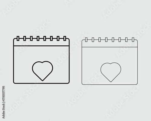 Two simple line art calendars with hearts on a light gray background love date