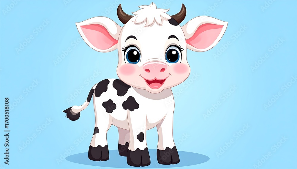 Naklejka premium A charming, cartoon-style illustration of a happy, small cow, set against a light blue background.