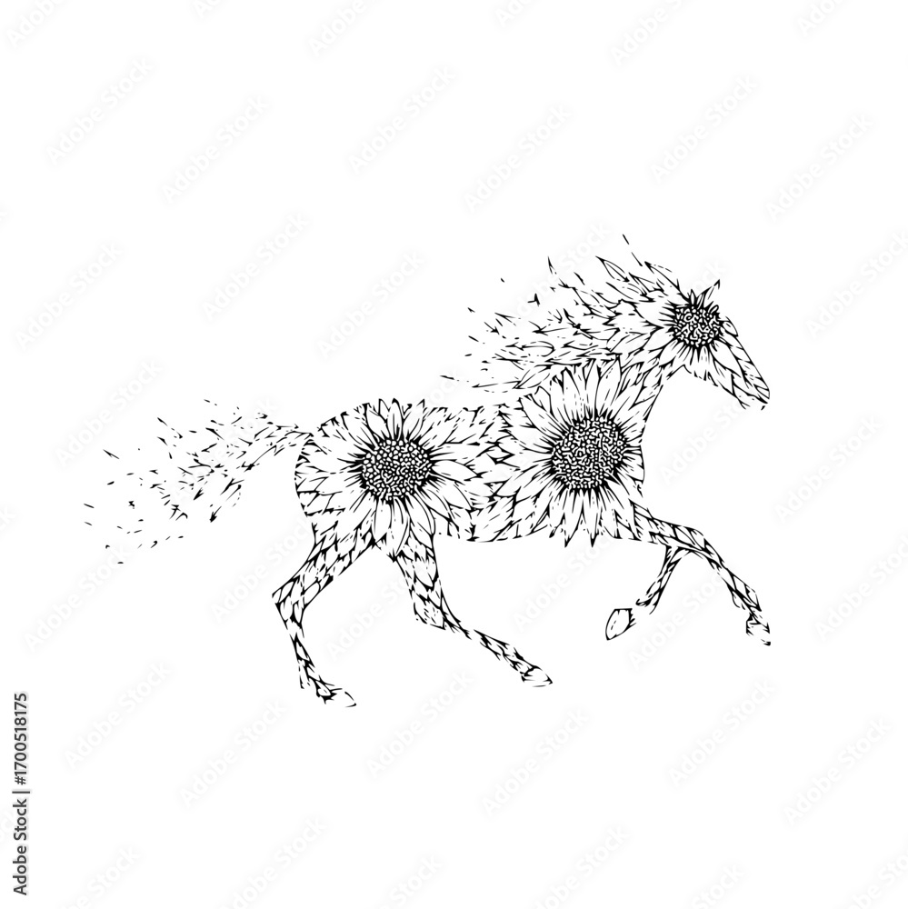 Obraz premium A black and white illustration of a horse composed of sunflowers in a running or galloping position