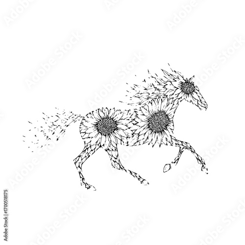 A black and white illustration of a horse composed of sunflowers in a running or galloping position