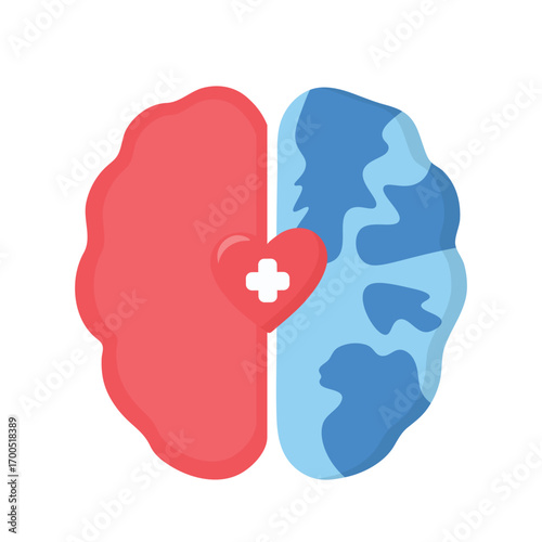 brain split into red and blue halves, with a central heart bearing a medical cross. Represents emotional intelligence, global awareness, and health ideal for visuals on mental wellness and care