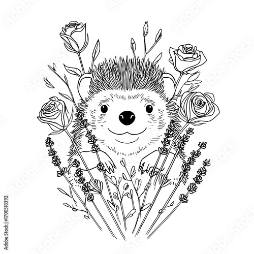 A charming hedgehog surrounded by roses and lavender in a delightful black and white illustration