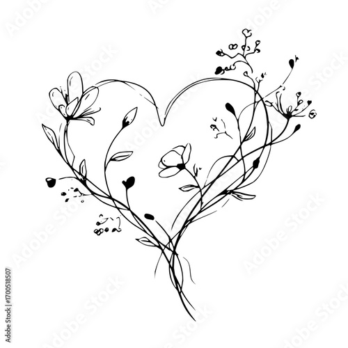 Heart shape formed by floral branches with flowers and buds in black and white outline sketch style art