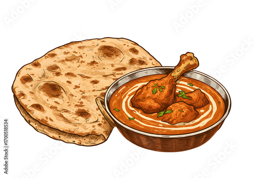 Indian Chicken Curry with Naan Bread Illustration on Transparent Background