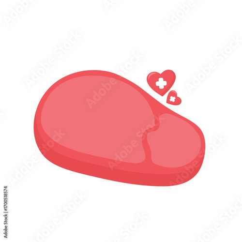 Stylized red kidney with two medical heart icons above, symbolizing renal health and care. Ideal for visuals related to nephrology, organ wellness, medical treatment, or healthcare education