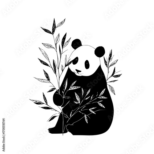 Illustration of a panda bear surrounded by bamboo leaves in a black and white color scheme design