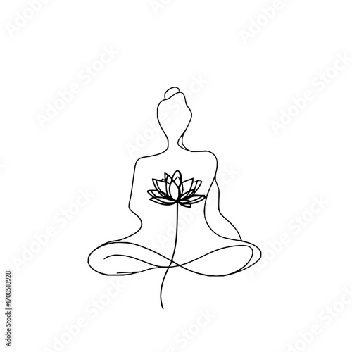 Silhouette of a meditating figure with a lotus flower drawn in a single continuous line art style image