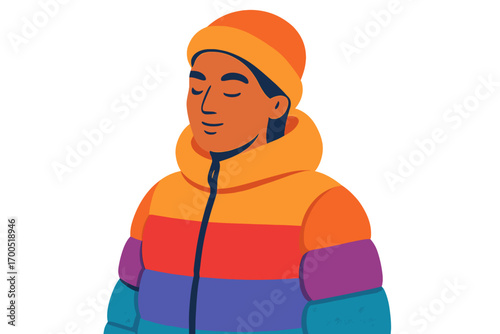 Young man wearing colorful winter jacket and hat with relaxed expression person in puffer coat