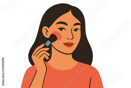 Young woman applying blush while smiling with a makeup brush