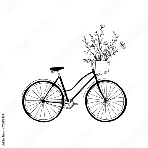 A vintage bicycle with a basket full of flowers in a black and white line drawing illustration style