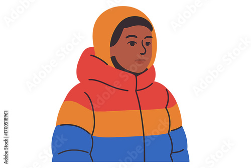 Young black person wearing colorful winter coat with hood person in puffer coat