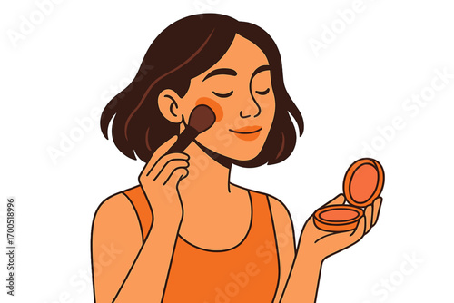 Woman applying blush while looking in compact mirror  