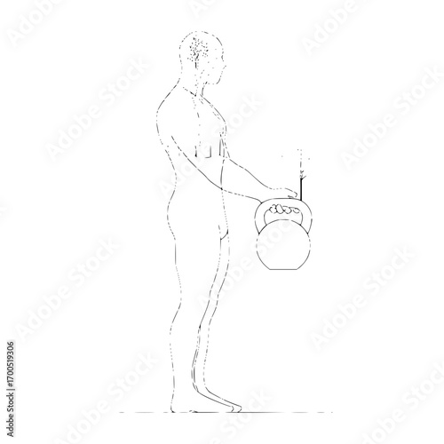 Line drawing of a person lifting a kettlebell with both hands in a side view against a white background