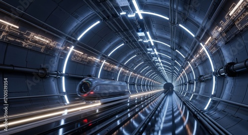 Futuristic High-Speed Train in a Glowing Tunnel.