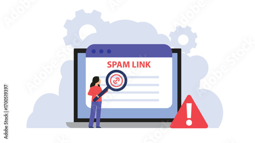 Spam link alert with broken chain, phishing link warning. SEO danger from spam link tactics and spammy links, harmful backlink strategy and low-quality backlinks