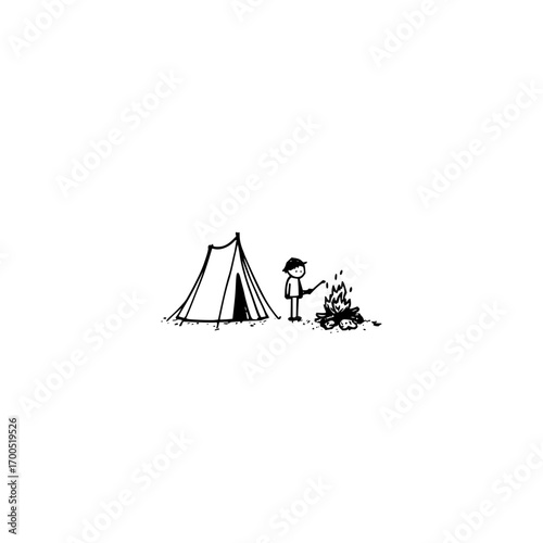 A minimalist drawing of a tent and a person tending a campfire with a stick in black and white style