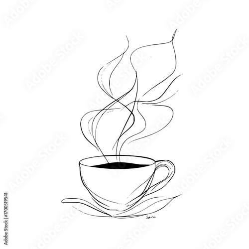 A simple line drawing of a steaming cup of coffee resting on a saucer with signature at the bottom right