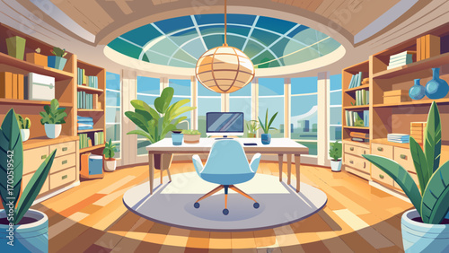 Very beautiful panoramic 360 panorama view of a Scandinavian-style office, with a light oak desk, white minimalist chair, clean shelves, and potted greenery, exuding warmth, simplicity, and natural el