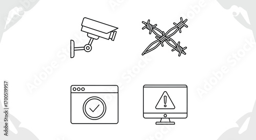 Vector illustration of set of security and safety icons featuring a surveillance camera, barbed wire, a web browser with a checkmark, and a computer monitor with an alert symbol