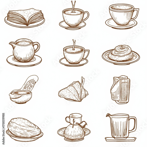 coffee break, hot beverage, breakfast drink, baked goods, creamy cake, frosting, layered pastry, sponge dessert, warm drink, illustration, sketch, drawing, 