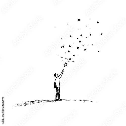 A person reaching for a star with many stars floating above in a black and white sketch illustration