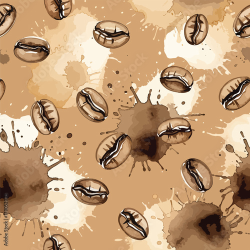Coffee bean pattern with watercolor splashes, elegant brown caffeine background, patern seamless, Stock royalty image.
