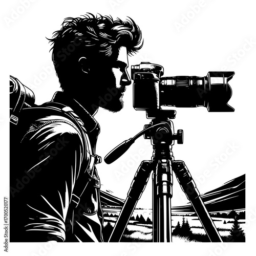 photographer with a camera on a tripod in an outdoor landsape