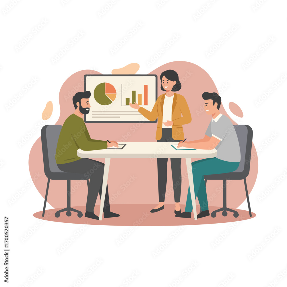 Fototapeta premium Flat Vector Illustration of Business Activities — Teamwork, Office Work, and Corporate People