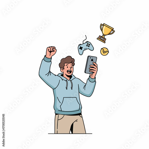 Excited Gamer Celebrating Victory While Using a Smartphone and Gaming Concept Icons