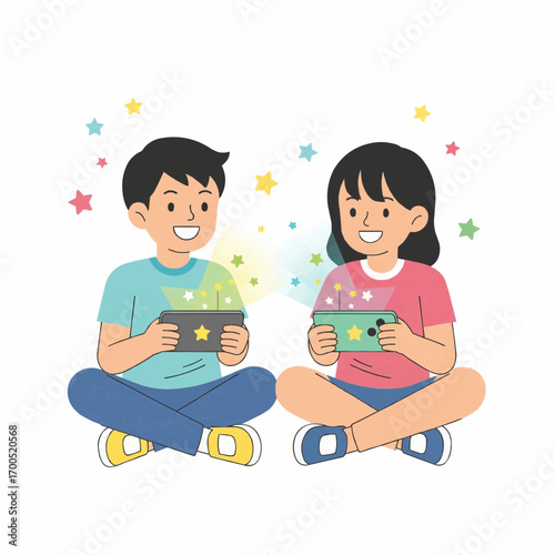 Children Playing Mobile Games Together Surrounded by Colorful Animated Stars