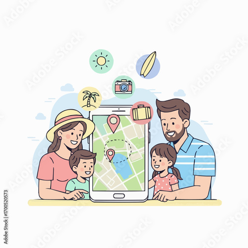 Family Planning Vacation with Digital Map and Travel Icons