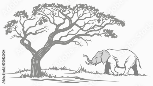 An illustration of an elephant walking under a large acacia tree in a grassy savanna landscape.