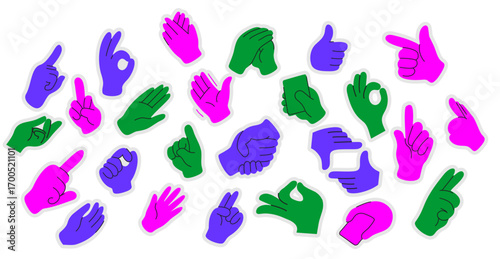 A vibrant collection of colorful hand gestures in various positions, including thumbs up, peace sign, and pointing. The hands are depicted in bright pink, green, and purple, creating a playful 