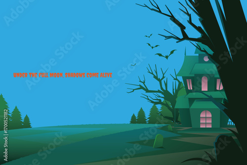 This is a spooky Halloween-themed digital illustration featuring a haunted house. The house is gothic-style with pointed roofs, glowing pink windows, and surrounded by leafless trees and gravestones.