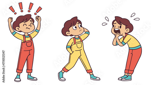 A cartoon boy in three poses expressing a range of emotions including excitement, confusion, and shock.