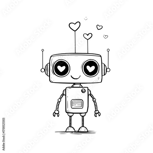 Illustration of a cute robot with heart eyes and heart antennas in black and white line art style